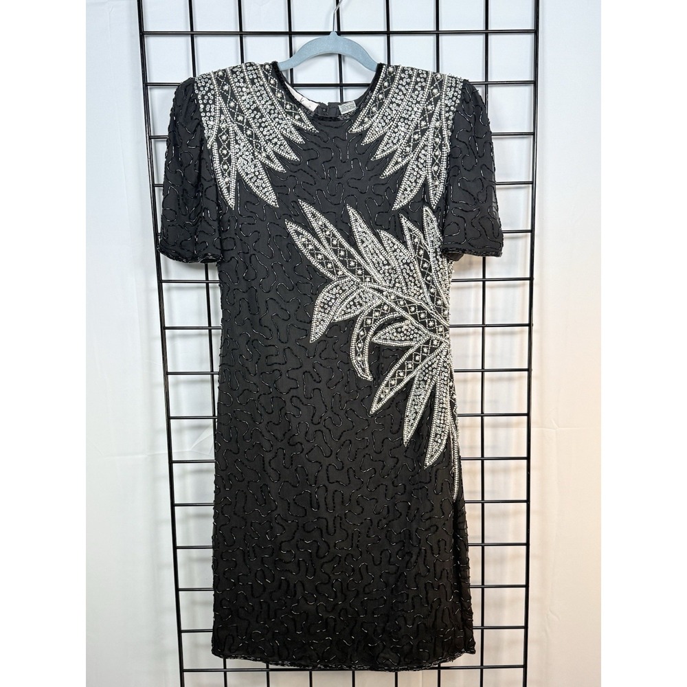 Vintage‎ Laurence Kazar Dress Womens L Black Silk Beaded Seguins Evening Wedding